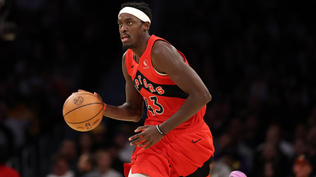 Pascal Siakam dribbles the ball during the third quarter in a game against the Los Angeles Lakers.